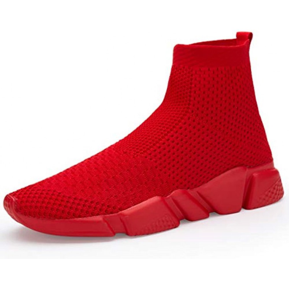Men's Breathable Knit Slip On Sneakers Lightweight Athletic Casual Sports Shoes High Top All Red